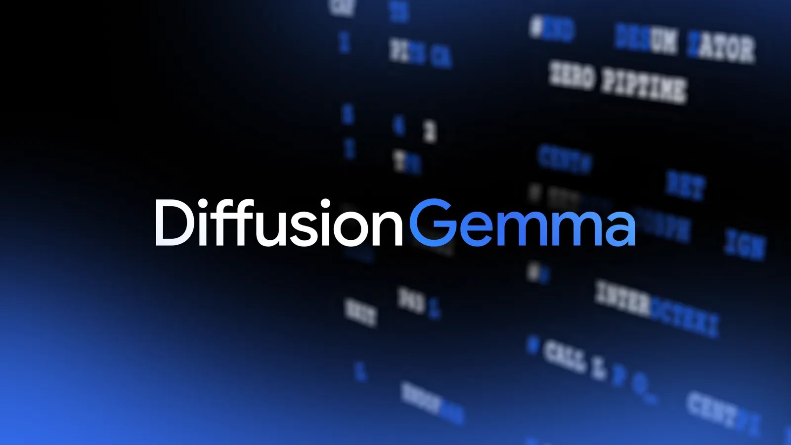ダークブルーに、拡散モデルのイメージの背景にDiffusionGemmaのテキスト