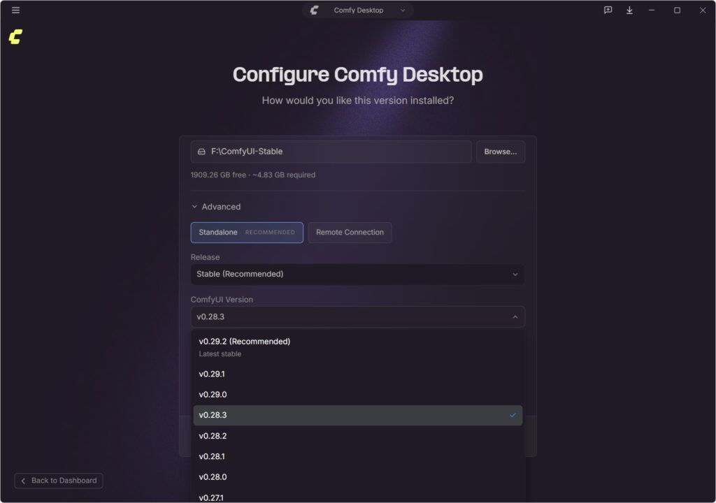 Comfy desktop バージョン選択
