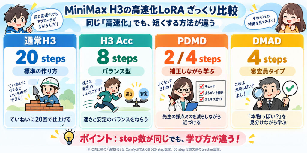 MiniMax H3高速化LoRA比較インフォグラフィック